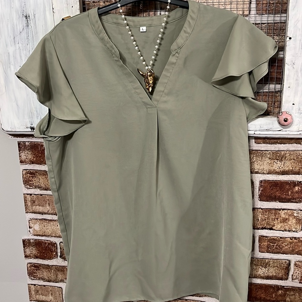 Olive Green Ruffle Sleeve Women's Top